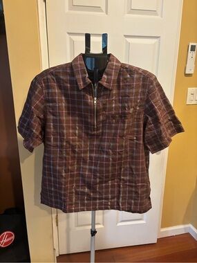 Urban outfitters Mens undercover metallic Brown Plaid Short-Sleeve half Zip Polo